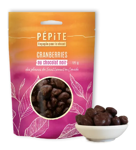 Les cranberries au chocolat noir des plaines du Saint Laurent au Canada